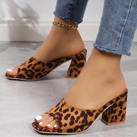 Leopard Block Heel Suede Sandals - Picture 1 of 4